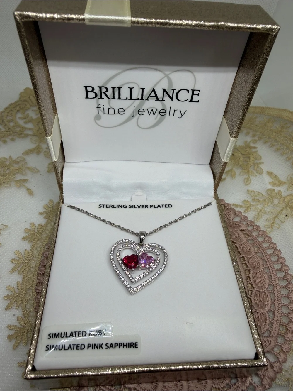 Vintage Brilliance Fine Jewelry NOS Heart Necklace Ruby & Pink Sapphire Silver